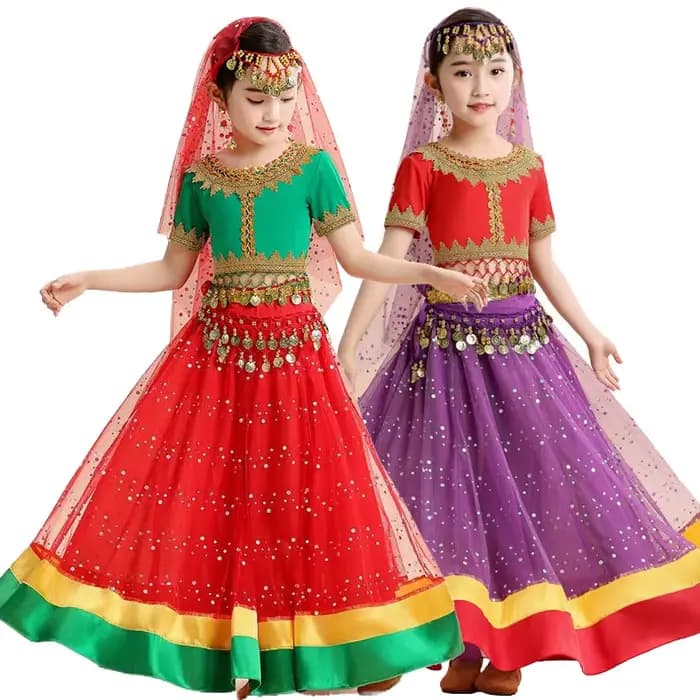 Ensemble de danse du ventre Bollywood pour filles, Costume de danse de princesse indienne orientale pour enfants, Sari Jasmine, Costume de spectacle sur scène, tenue Rave pour enfants