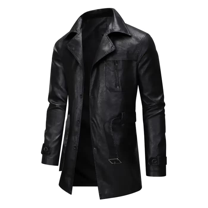 Cool à la mode mi à longue longueur veste en cuir hommes coupe ajustée Double boutonnage