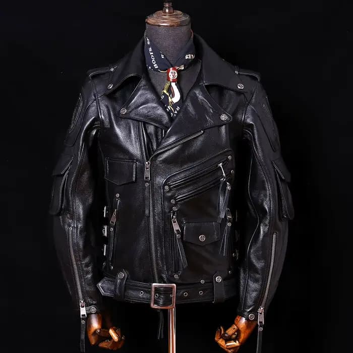 Veste en cuir de moto marron rouge pour hommes