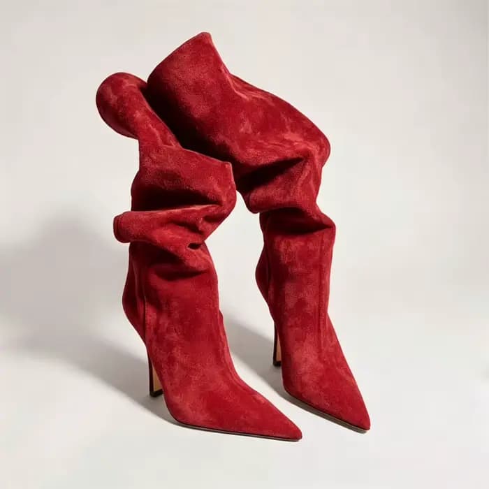 Bottes hautes en daim pour femmes, bottes à talon aiguille pointues et à tige large, 5 couleurs : noir/marron/rouge/gris/camel, bottes hautes pour soirée d'hiver
