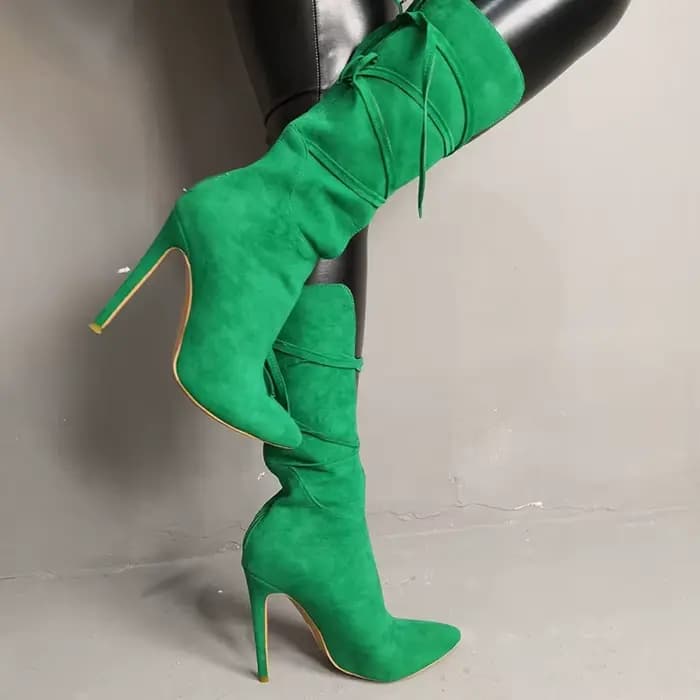 Femmes Sexy talons hauts bottes vertes à lacets mi-mollet chaussons bout pointu dame bottes de fête femme Botas
