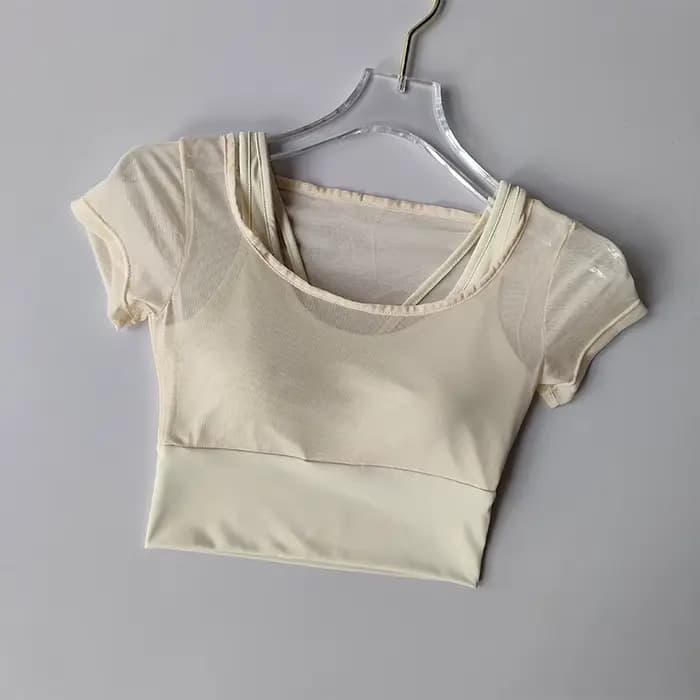 Combinaison de Fitness pour femmes, entraînement Pilates, coussin de poitrine, haut de Yoga, séchage rapide, sensation haut de gamme, sport, manches courtes, respirant