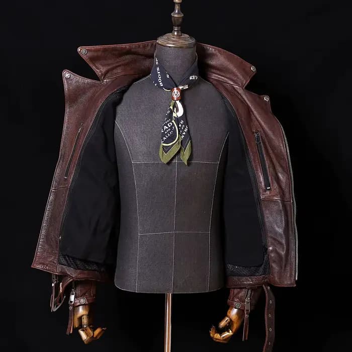 Veste en cuir de moto marron rouge pour hommes