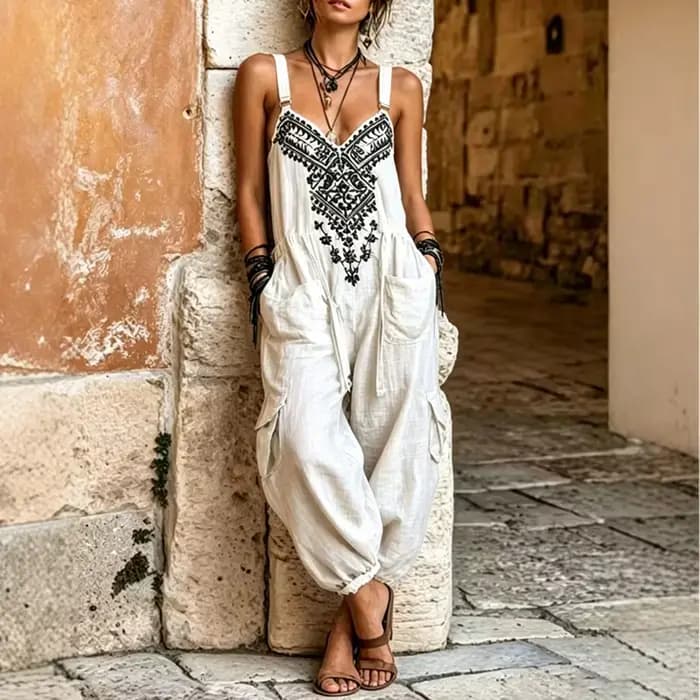 Combinaison Salopette Femme Imprimé Ethnique Col V Taille Haute Poches Cargo Ample Harem Jogger Bohème Été Plage Une Pièce