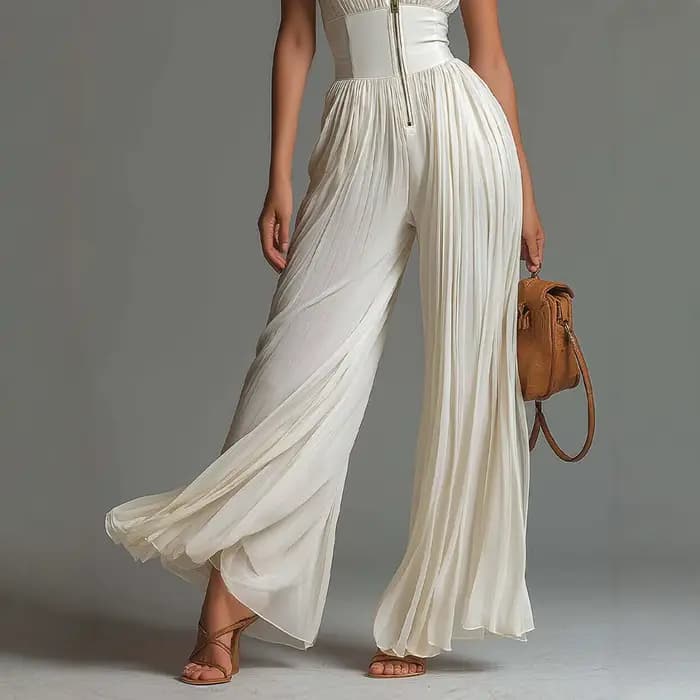 Combinaison plissée élégante à col montant et fermeture éclair pour femme, taille haute, jambe large, sans manches, idéale pour les vacances d'été