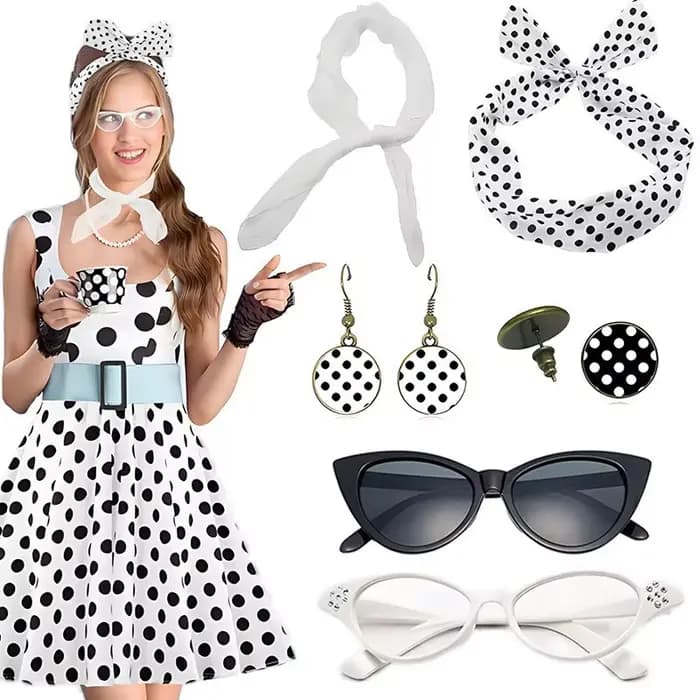 Ensemble d'accessoires de fête Carnival années 1950 à pois : Lunettes œil-de-chat, Bandeau rétro à pois, Gants, Boucles d'oreilles – Tenue d'Halloween