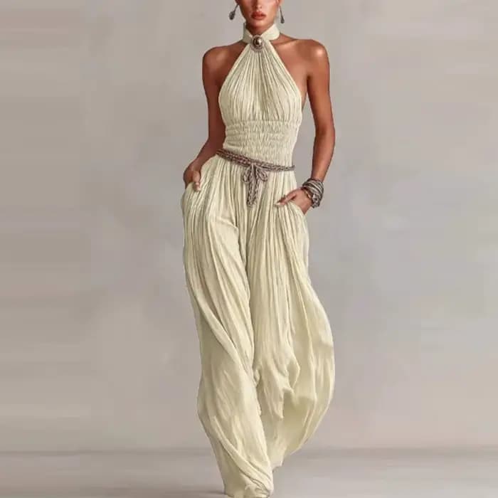 Combinaison élégante dos nu ajourée unie, sexy, à col licou, sans manches, à jambes larges, pour femme, avec taille froncée, style décontracté