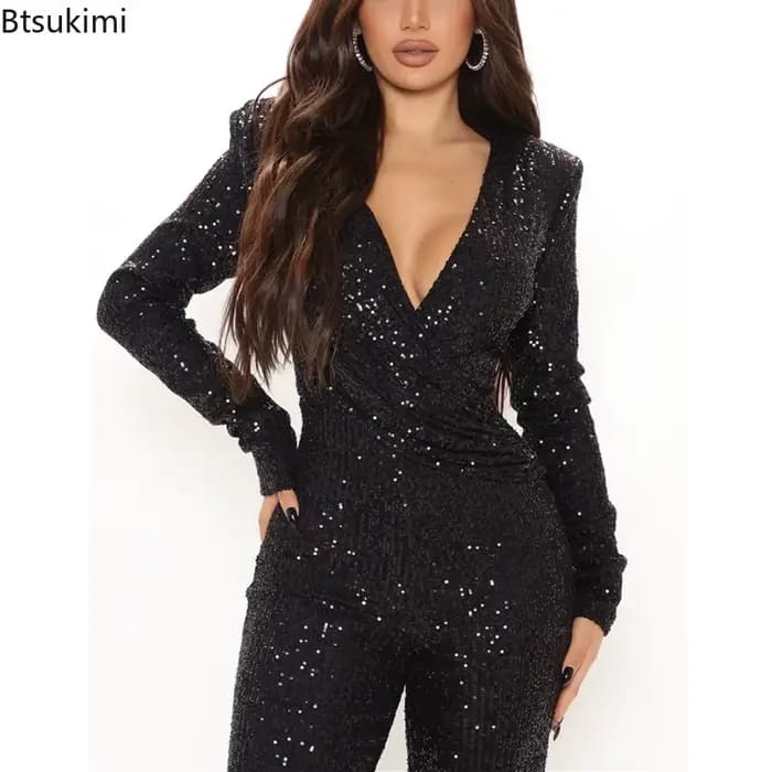 Nouvelle combinaison à sequins pour femme, manches longues, col en V, drapée, style streetwear, pour soirées et clubs, tenue de célébrité