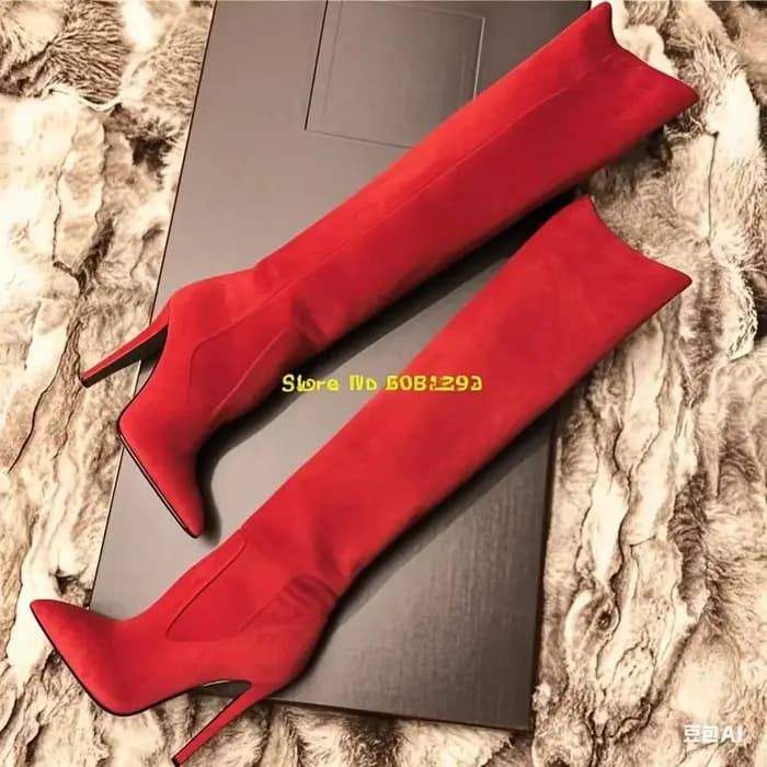 Bottes en cuir rose à talon fin et haut, sexy, à bout pointu, avec fermeture éclair, pour femme, hiver, cuissardes, couleur unie