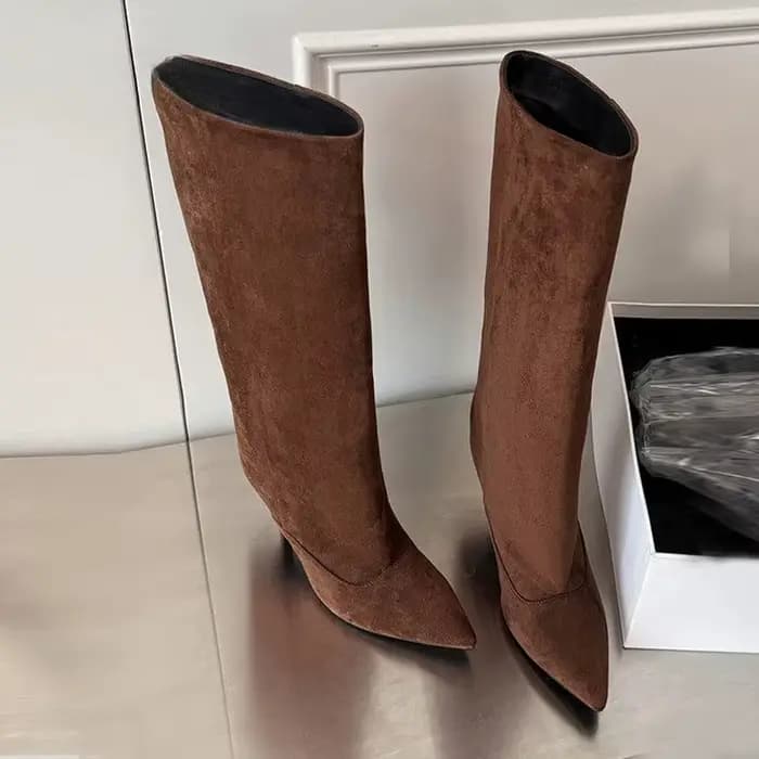 Bottes à talons hauts pointus de 8 cm pour femme, en daim, polyvalentes, mi-mollet, pour banquets, bottines de marque de créateur