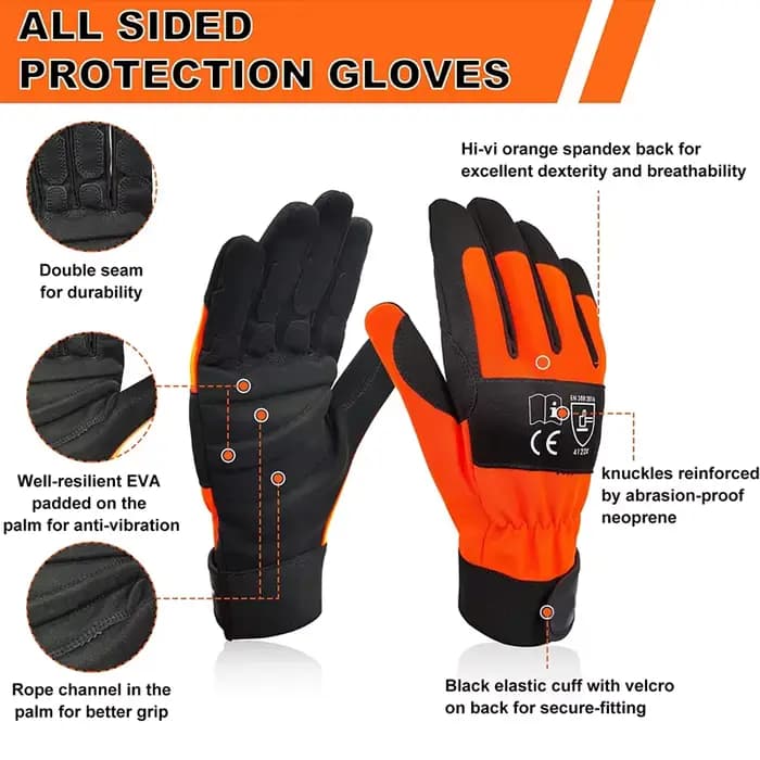 XYEHS 1 paire de gants de travail de sécurité pour tronçonneuse en cuir Protection de scie sur les deux mains au dos gant de mécanicien résistant aux coupures épais Eva rembourré