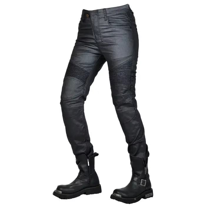 Jean de moto pour femme en denim enduit noir