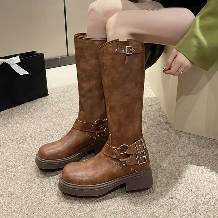 Mode boucle de ceinture bottes gothiques pour femmes marron talons épais genou haute