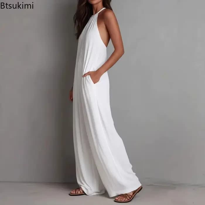 Nouvelles Combinaisons de Plage 2026 pour Femmes – Salopette Texturée Sans Manches à Col Halter avec Poches et Jambes Larges – Tenue Décontractée d'Été