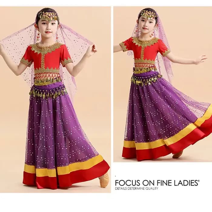 Ensemble de danse du ventre Bollywood pour filles, Costume de danse de princesse indienne orientale pour enfants, Sari Jasmine, Costume de spectacle sur scène, tenue Rave pour enfants