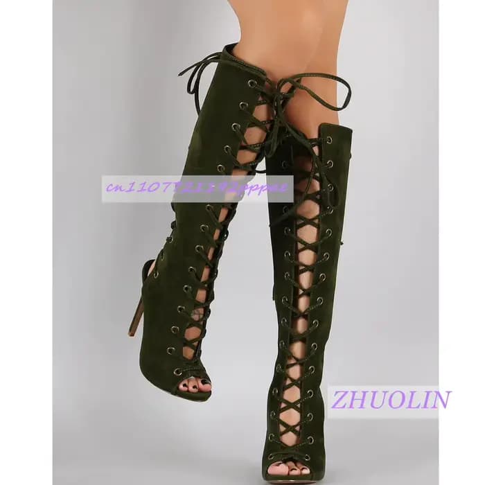 Bottes d'été en daim marron pour femmes, bout ouvert, talons aiguilles, sandales à bretelles croisées, bottes Sexy avec fermeture éclair latérale, 46