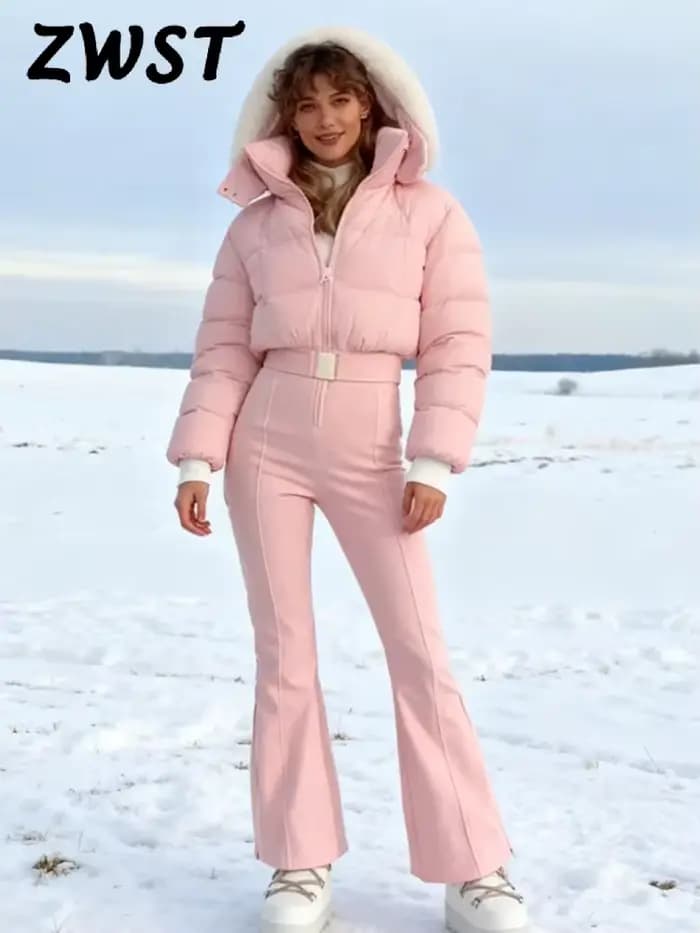 Combinaison en Patchwork de fourrure épaisse rose pour femme, Slim, manches longues, capuche, fermeture éclair, taille haute, vêtements de ski, mode hiver, barboteuse chaude pour dame