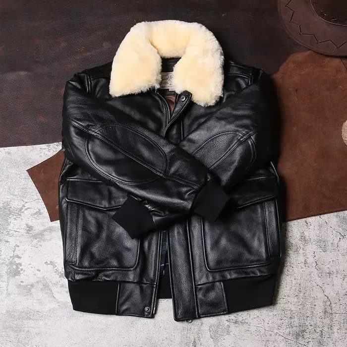 Veste de pilote d'hiver noire en cuir pour hommes