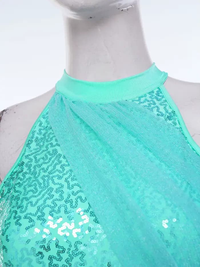 Combinaison de danse lyrique moderne pour femme, avec haut à sequins dos nu, en maille, à jambes larges, pour la gymnastique rythmique