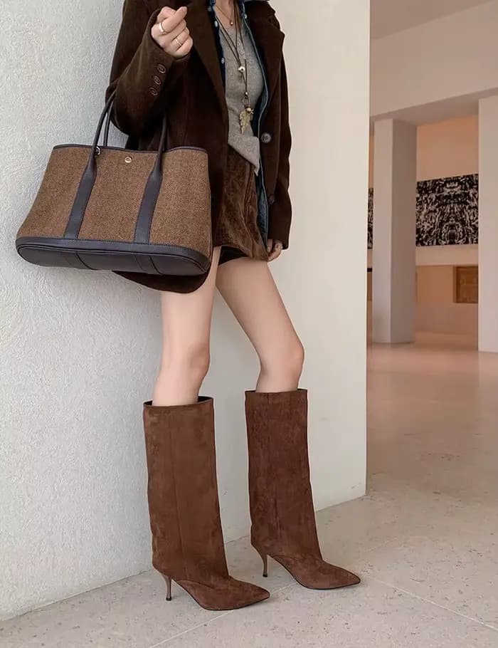 Bottes à talons hauts pointus de 8 cm pour femme, en daim, polyvalentes, mi-mollet, pour banquets, bottines de marque de créateur