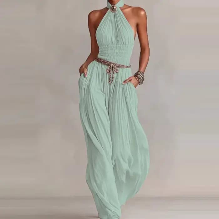 Combinaison élégante dos nu ajourée unie, sexy, à col licou, sans manches, à jambes larges, pour femme, avec taille froncée, style décontracté