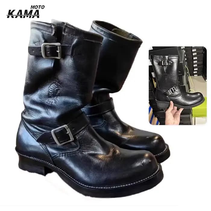Bottes de Moto en cuir véritable pour hommes