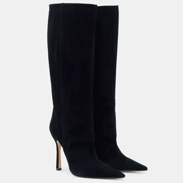 Bottes hautes en daim pour femmes, bottes à talon aiguille pointues et à tige large, 5 couleurs : noir/marron/rouge/gris/camel, bottes hautes pour soirée d'hiver