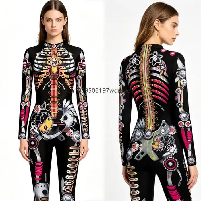 Combinaison Steampunk à imprimé squelette pour femme