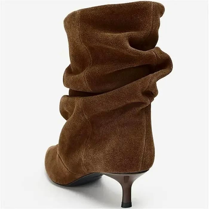 Bottines d'hiver en daim pour femmes, bottes courtes plissées à bout pointu, bottes à la cheville élégantes rétro marron pour femmes, bottes femmes