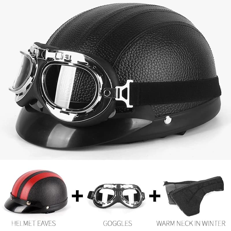 Casque de Moto Rétro en Cuir, Demi-casques de Randonnée, Moto, Vélo, Scooter, Patinage, Casquette de