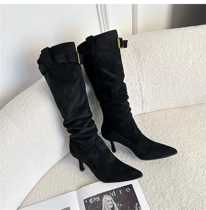 Bottes d'hiver à bout pointu pour femmes, talons hauts fins de 8 cm, bottes superposées avec boucle