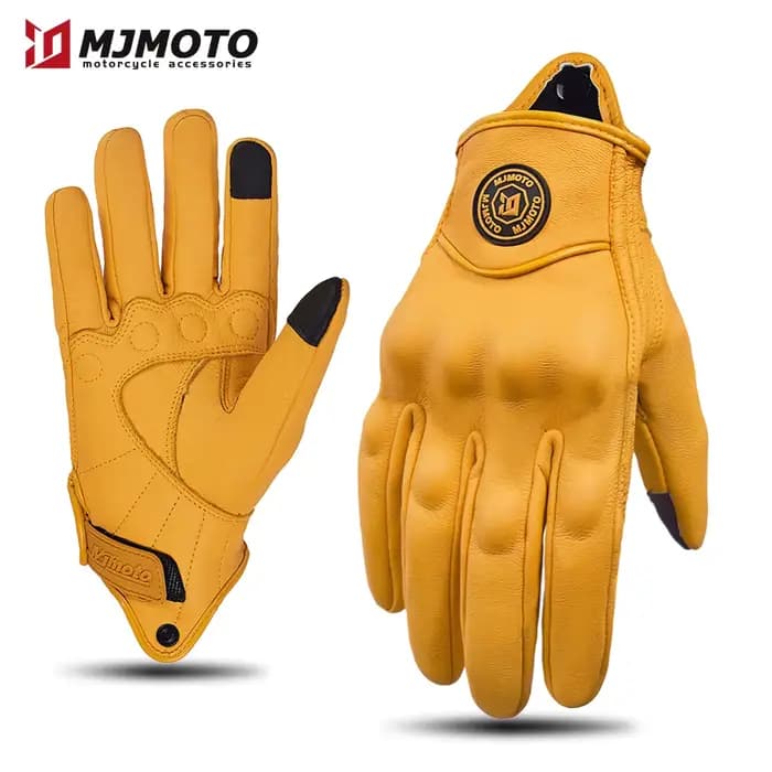 Gants de Moto Rétro en Cuir Jaune pour Homme et Femme, Accessoire Perforé et Respirant pour Course d