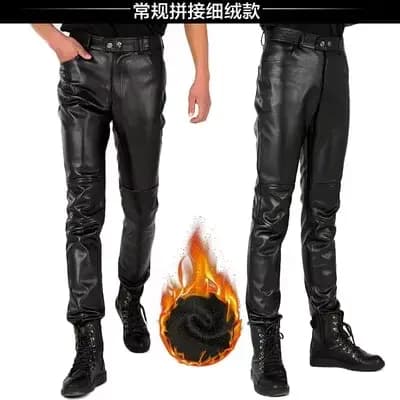 Pantalon en Cuir pour hommes moto hiver noir intérieur polaire coupe-vent mince mode épaissi Pantalo