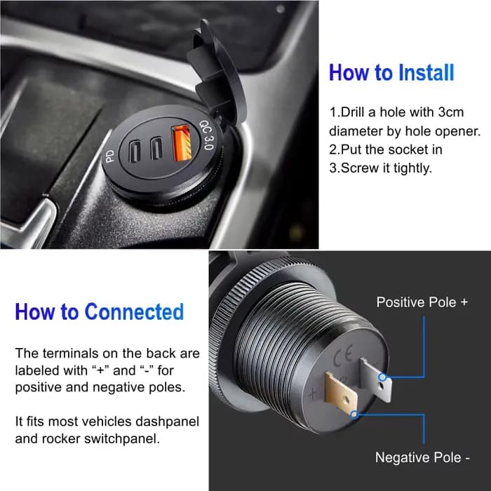 Prise USB 3.0, adaptateur de charge rapide Type-C 60W pour voiture, camion, moto, camping-car, batea