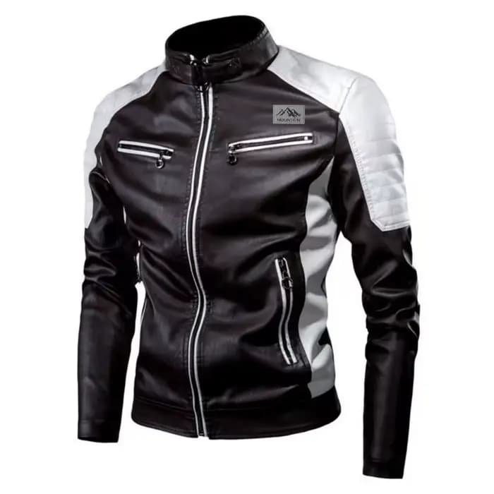 Blouson moto décontracté patchwork pour homme, col montant, en cuir PU rétro chaud avec fermeture éc
