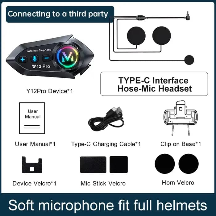 Interphone pour casque de Moto 1/2x Y12 Pro V5.4, Kit d'appel mains libres 500M pour 2 motocyclistes