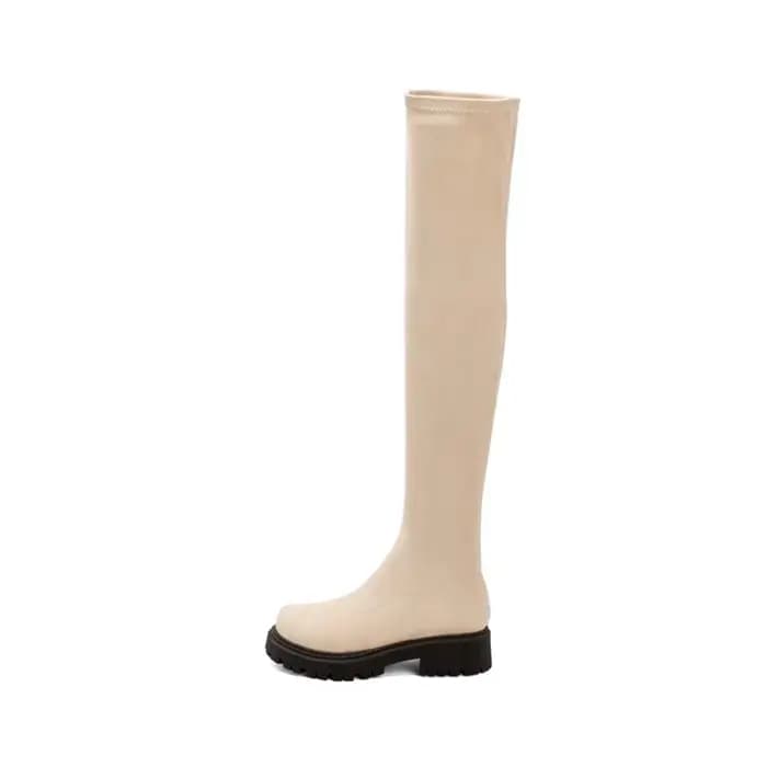 BLXQPYT Botas De Mujer Sexy élastique cuissardes bottes bout rond fond épais chaud sur le genou femm