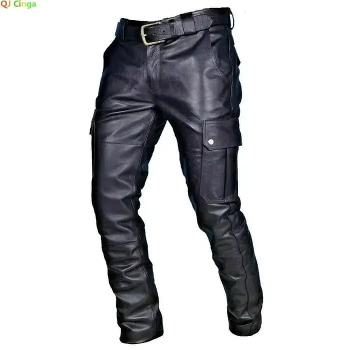Pantalon de moto en cuir pour hommes avec poches cargo, noir, pantalon en PU sans ceinture, pantalon