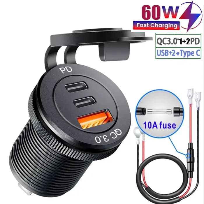 Prise USB 3.0, adaptateur de charge rapide Type-C 60W pour voiture, camion, moto, camping-car, batea