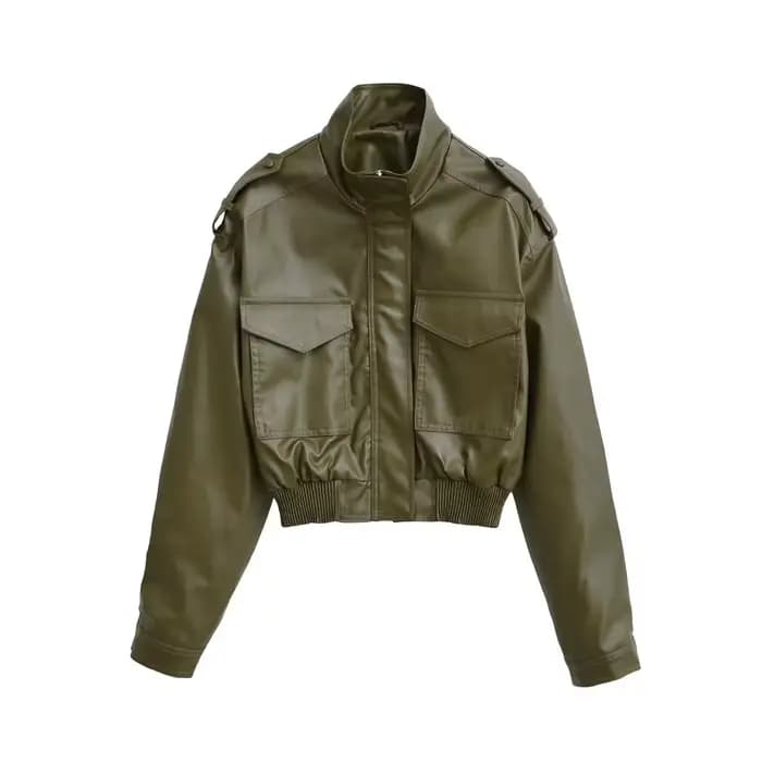 Blouson court de moto tendance pour femme, col montant, en cuir rembourré, style décontracté confort