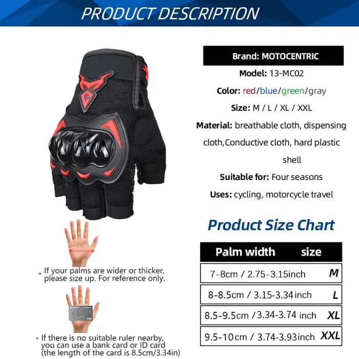 Gants de Moto d'été motOCENTRIC, demi-doigt, respirants, pour motocycliste, ATV, vtt, cyclisme, Anti