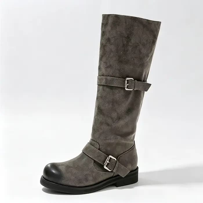 Bottes de cowboy vintage grises Y2K pour femme, avec boucle de ceinture, fronces, talon carré, noire