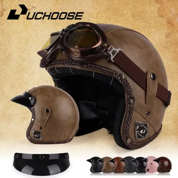 UCHOOSE casque de Moto rétro en cuir PU visage ouvert 3/4 Chopper casques de vélo classique Casco Mo