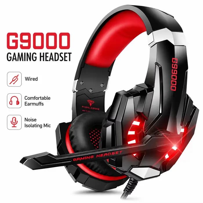 Casque de jeu filaire G9000 rouge avec micro anti-bruit, casque stéréo à basses profondes avec LED p