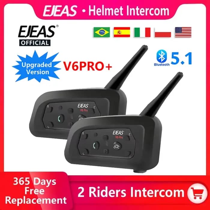 EJEAS V6 PRO + Moto Interphone Casque Bluetooth Casque 6 Coureurs 800m Communicateur Étanche V5.1 Mu