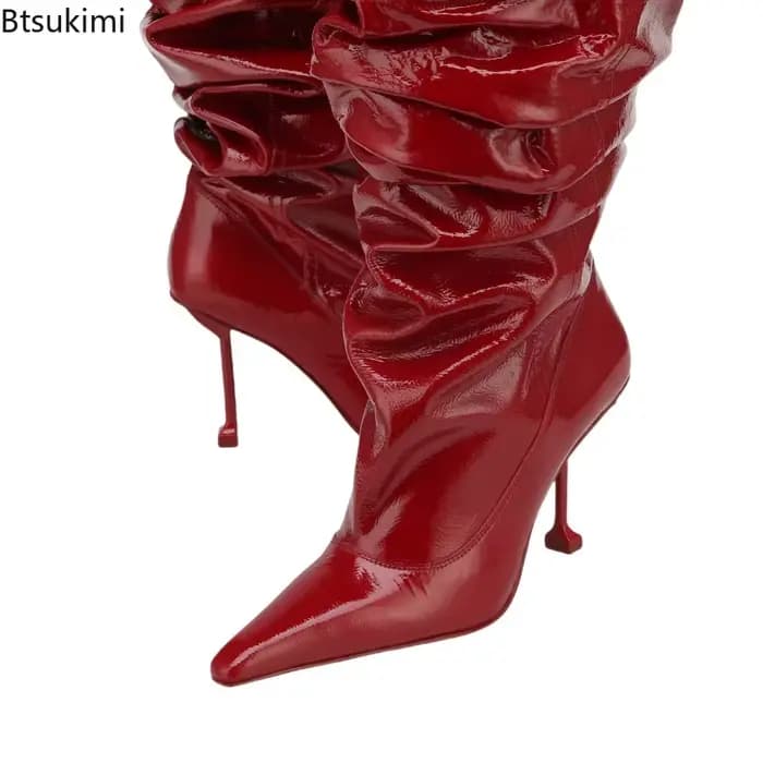 Bottes plissées à talons hauts et grands murs pour femmes, bottes mi-longues à la mode, manches pointues, printemps et automne