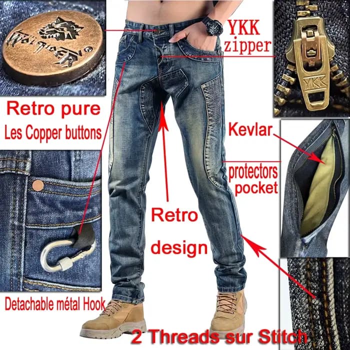 Jean moto en Kevlar pour homme, renforcé de fibres d'aramide, pantalon de protection anti-choc, équipement de sécurité rétro pour les trajets urbains 036