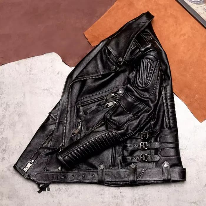Blouson de moto en cuir marron pour homme