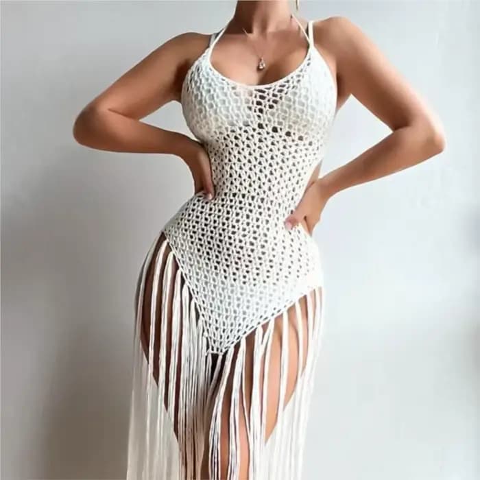 Tenue de plage pour femme, robe d'été, paréo de plage sexy à franges, dos nu, maillot de bain une pièce à crochets