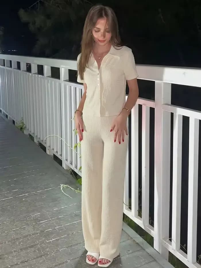 Ensemble tailleur décontracté pour femme, pantalon droit, ensemble pantalon texturé marron d'été, ensembles 2 pièces, tenues pour femme, nouveaux ensembles assortis